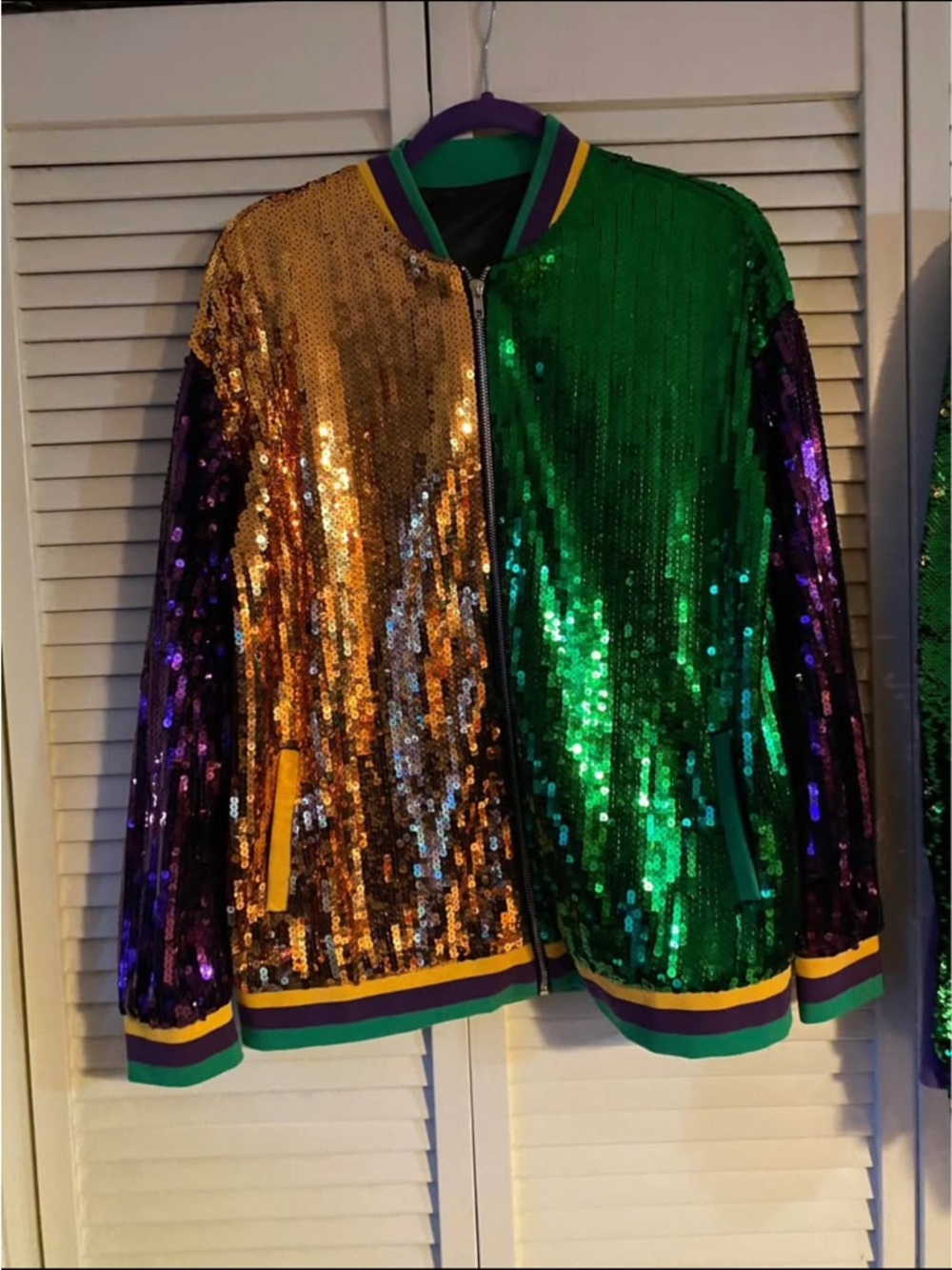 Sequin Mardi Gras Bomber Jacket - Green, Gold, Purple. Good Condition.